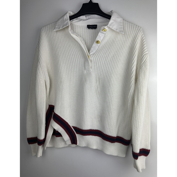 Carbon38 Mixed Media Rugby Collared Sweater Ribbed Thick Knit Ivory Size Large - Picture 2 of 13